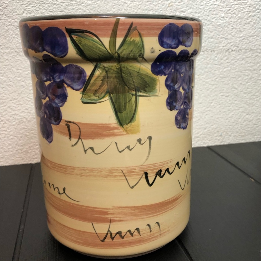 Handcrafted Ceramic Utensil Holder with Purple Grapes Design